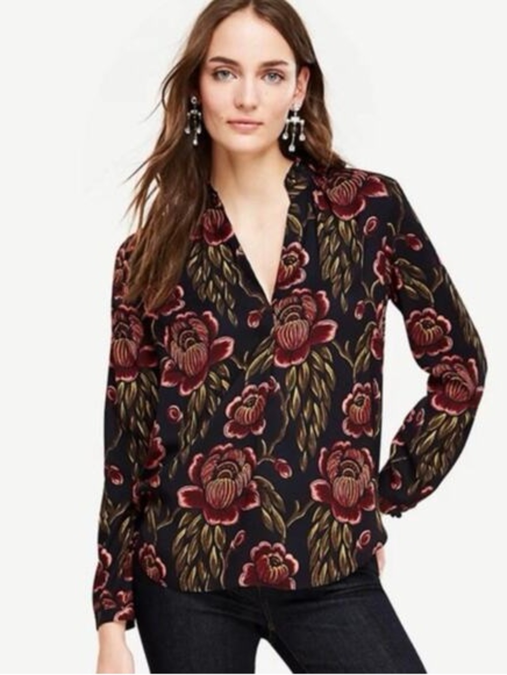 Coordinating Wide-Leg Trousers Set, V-Neck Burgundy Oversized Floral Print - Picture 3 of 14